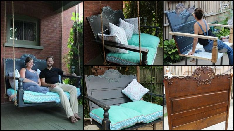 DIY Porch Swing Featuring Repurposed Headboard