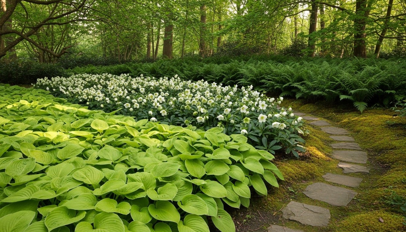 Dappled shade bands with lime Hosta, white Helleborus, and deep green ferns for calm layered texture.