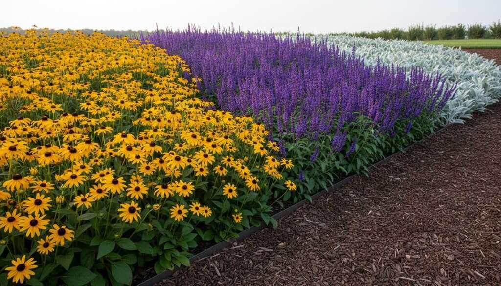 Sun border perennials color blocking with diagonal bands of golden Rudbeckia, deep purple Salvia, and silvery lambs ear for a bold modern appearance.