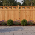 Cedar board-on-board privacy garden fencing with cap rail and lattice topper at golden hour.