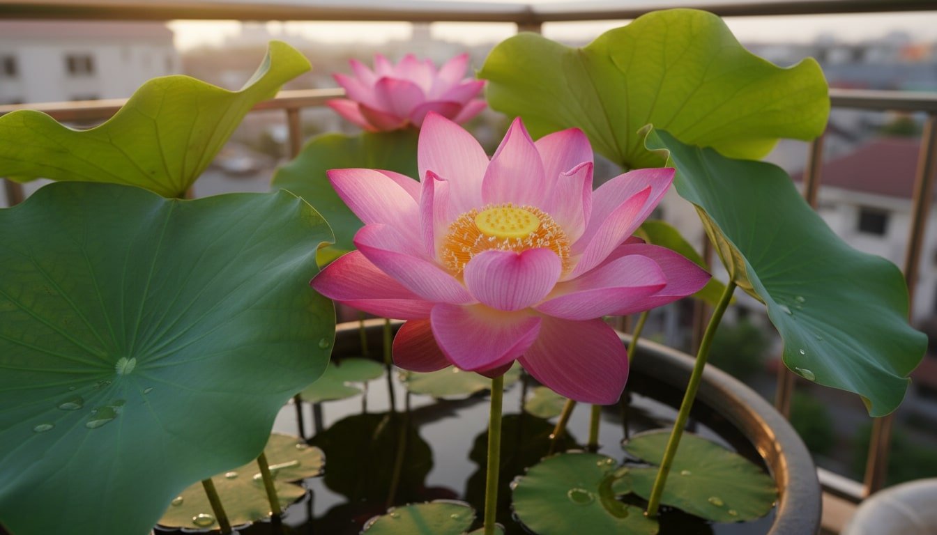 A close-up balcony container scene with a vivid pink lotus flower and cityscape softly blurred in the background.
