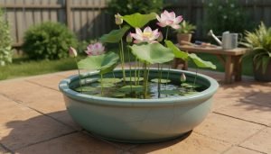 A serene home garden patio with a large container-grown lotus flower in full bloom as the focal point.
