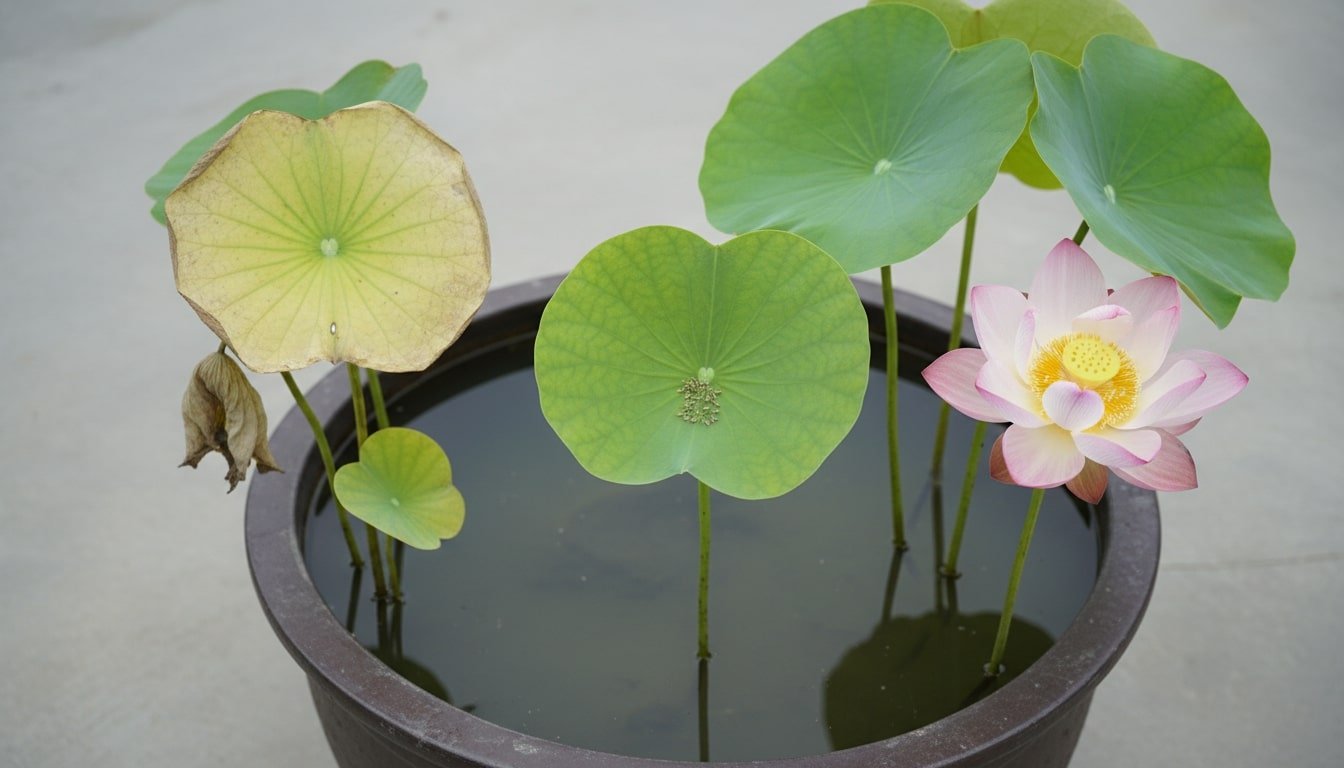 A troubleshooting-style scene showing a container lotus with yellowing leaves and aphids contrasted against healthy green leaves and a bloom.