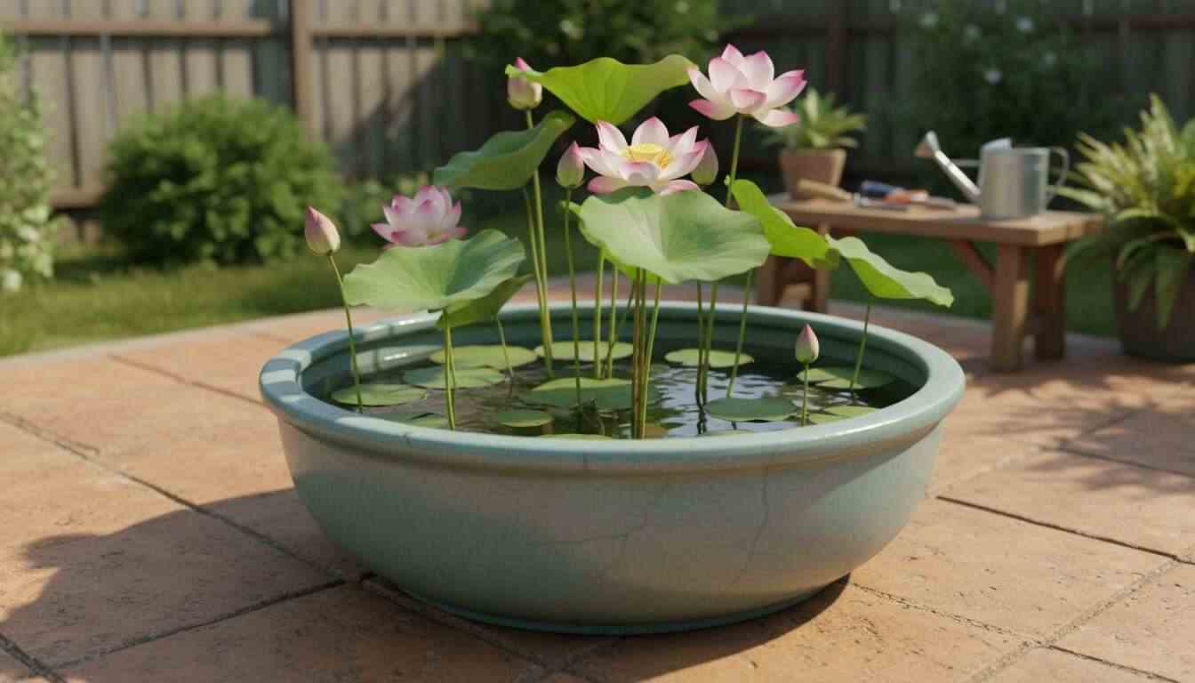 A serene home garden patio with a large container-grown lotus flower in full bloom as the focal point.