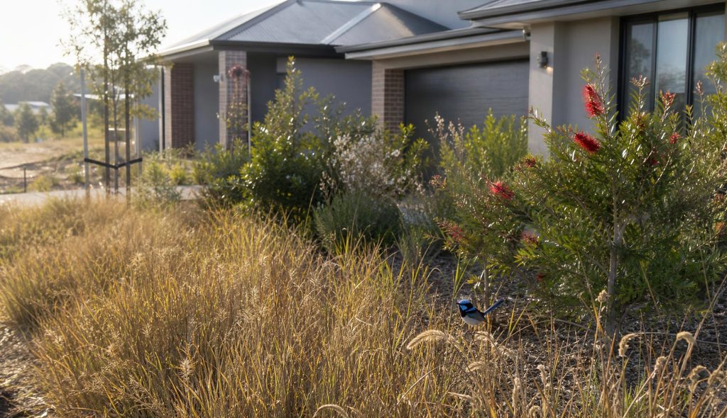 A temerate Australian garden featuring kangaroo grass and native shrubs.