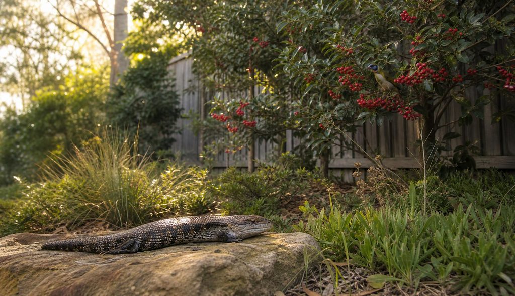 A blue-tongued skink basking on a rock.