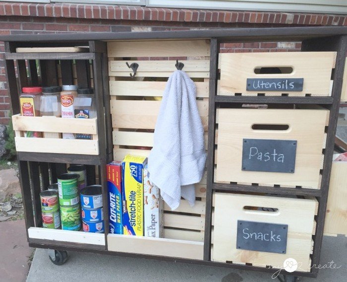 DIY mobile kitchen island with wooden crate storage