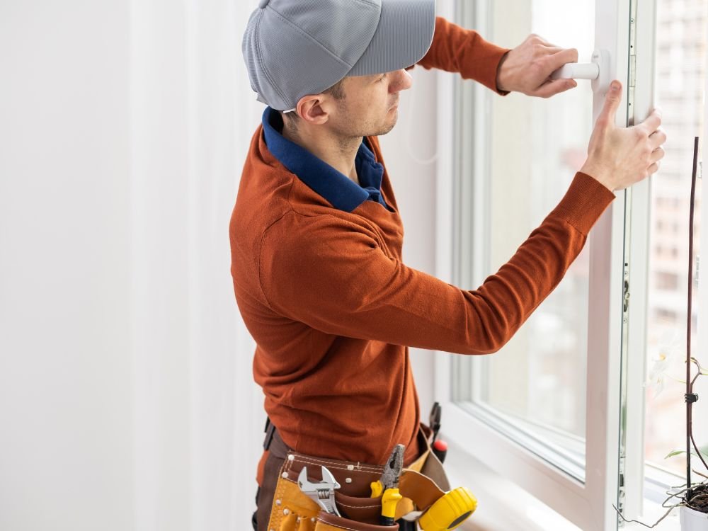 An image of a person doing window screen repair work.