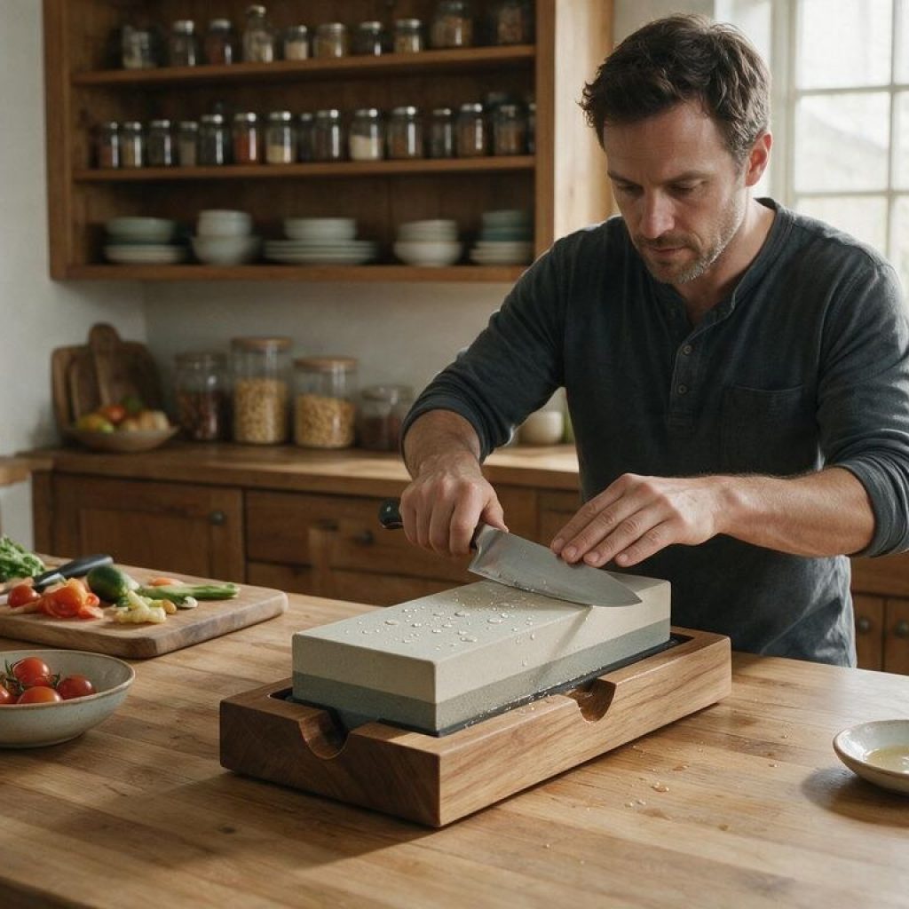An image of a chef honing their blade for an article about knife sharpeners.