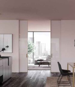 An image of a pocket door set in a living room.