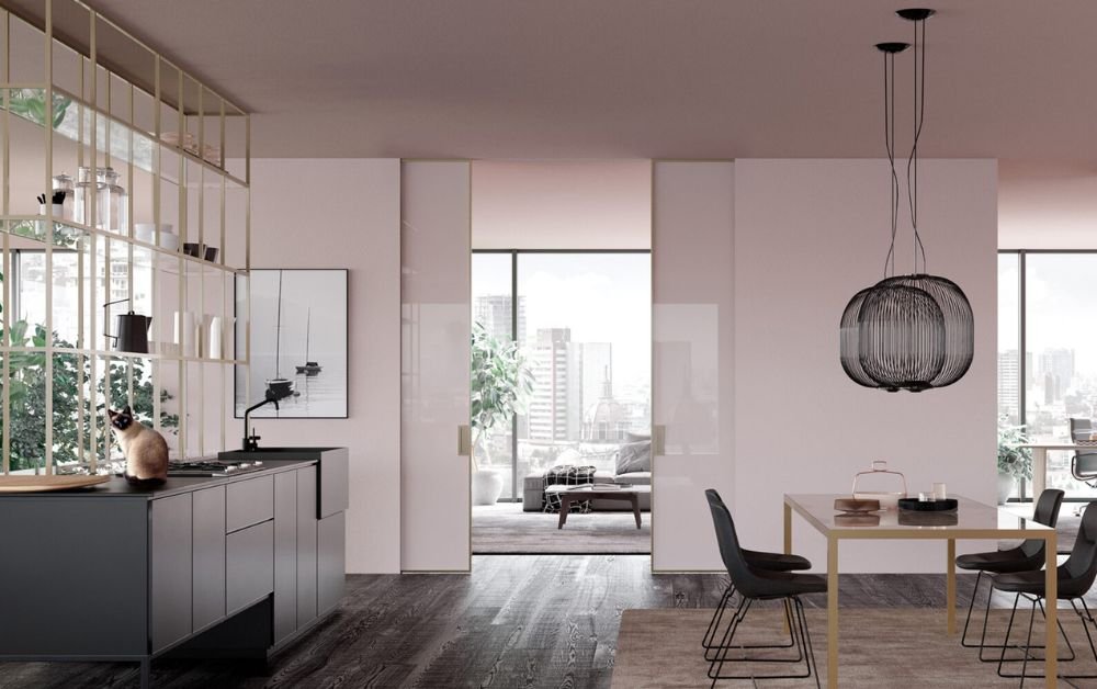 An image of a pocket door set in a living room.