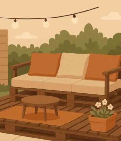 An illustration of a patio on a pallet with an urban garden.
