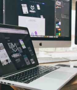 An image of a DIYer creating their website for an article about craft store websites.