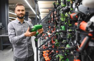 An image of a man looking for power tool gift ideas.