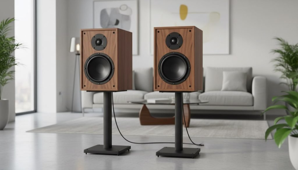 An image of a bookshelf speaker within a living room.