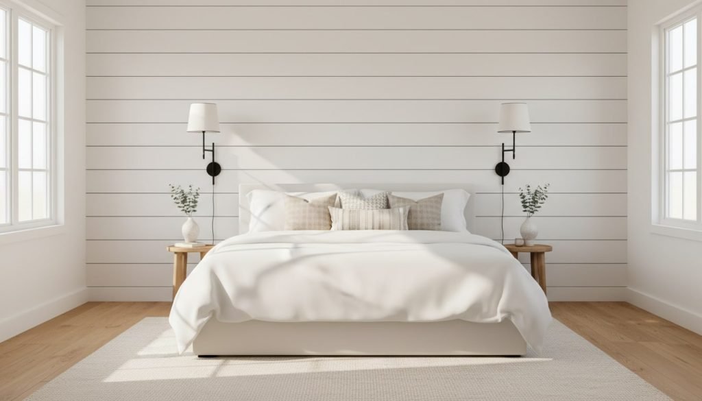 A beautiful white shiplap wall behind the bed with horizontal planks, wall sconces, and farmhouse charm.