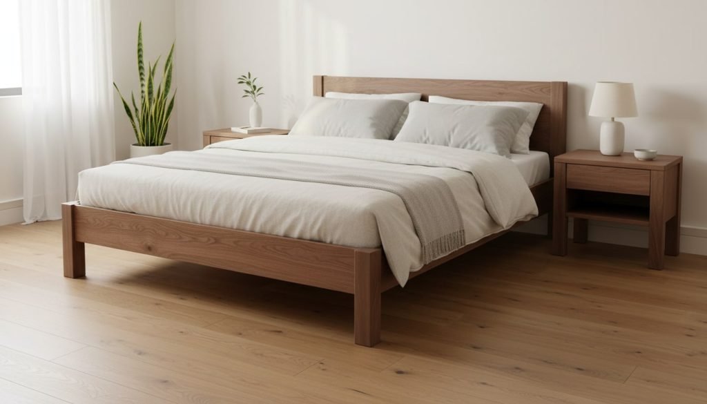 Finished Queen Bed Frame in a Modern Bedroom.