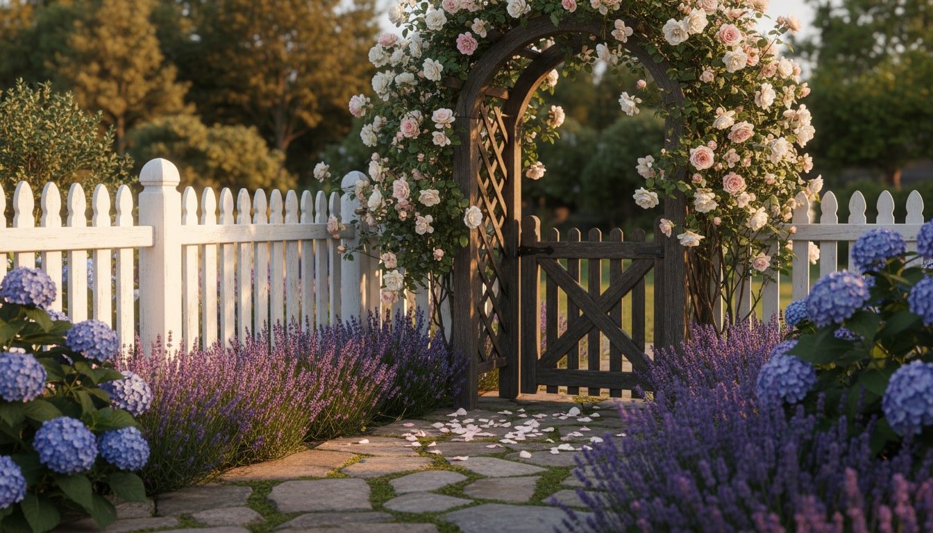 An image of a white picket fence with a gate and flowers.