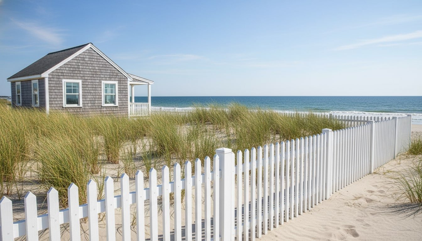 An image of a country house with a white picket fence on a beach.
