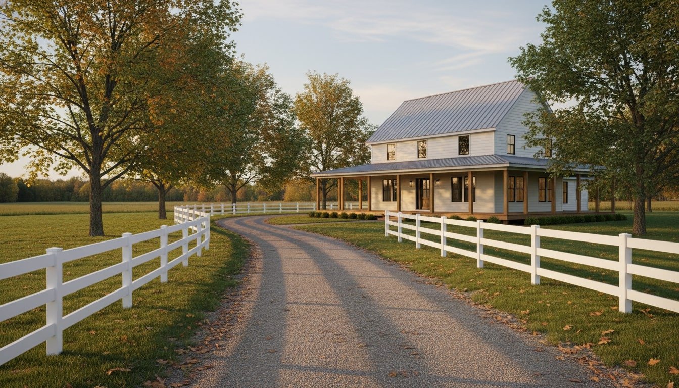 An image of a country house with a white picket fence.