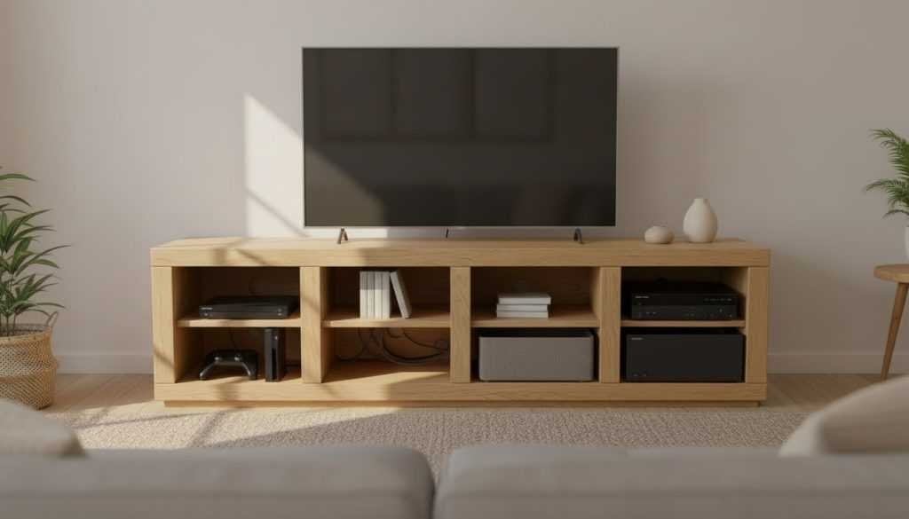 A DIY tv stand with realistic components like a DVD or Blu-ray player, a gaming console, and speaker style gear, with a tidy, TV-stand-appropriate look.