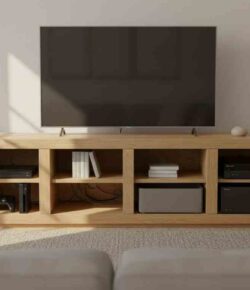 A DIY tv stand with realistic components like a DVD or Blu-ray player, a gaming console, and speaker style gear, with a tidy, TV-stand-appropriate look.