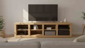 A DIY tv stand with realistic components like a DVD or Blu-ray player, a gaming console, and speaker style gear, with a tidy, TV-stand-appropriate look.