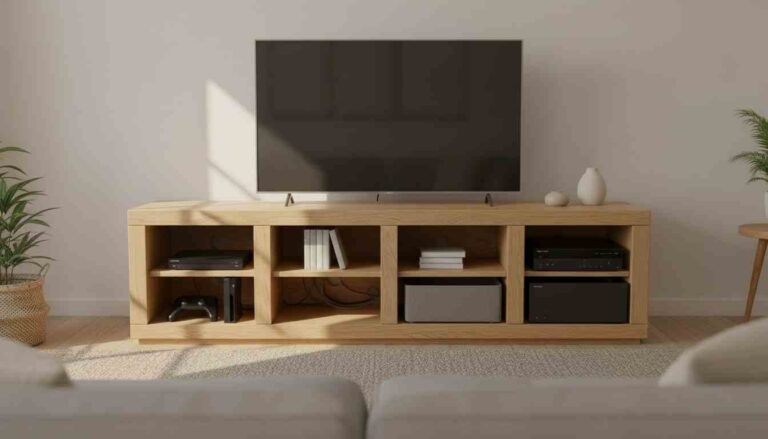 A DIY tv stand with realistic components like a DVD or Blu-ray player, a gaming console, and speaker style gear, with a tidy, TV-stand-appropriate look.
