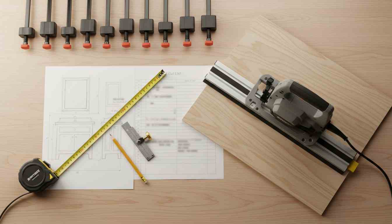A clean, top-down view of a workbench showing a measured sketch, an indistinct cut list, tape measure, combination square, clamps, and a track saw on cabinet-grade plywood.