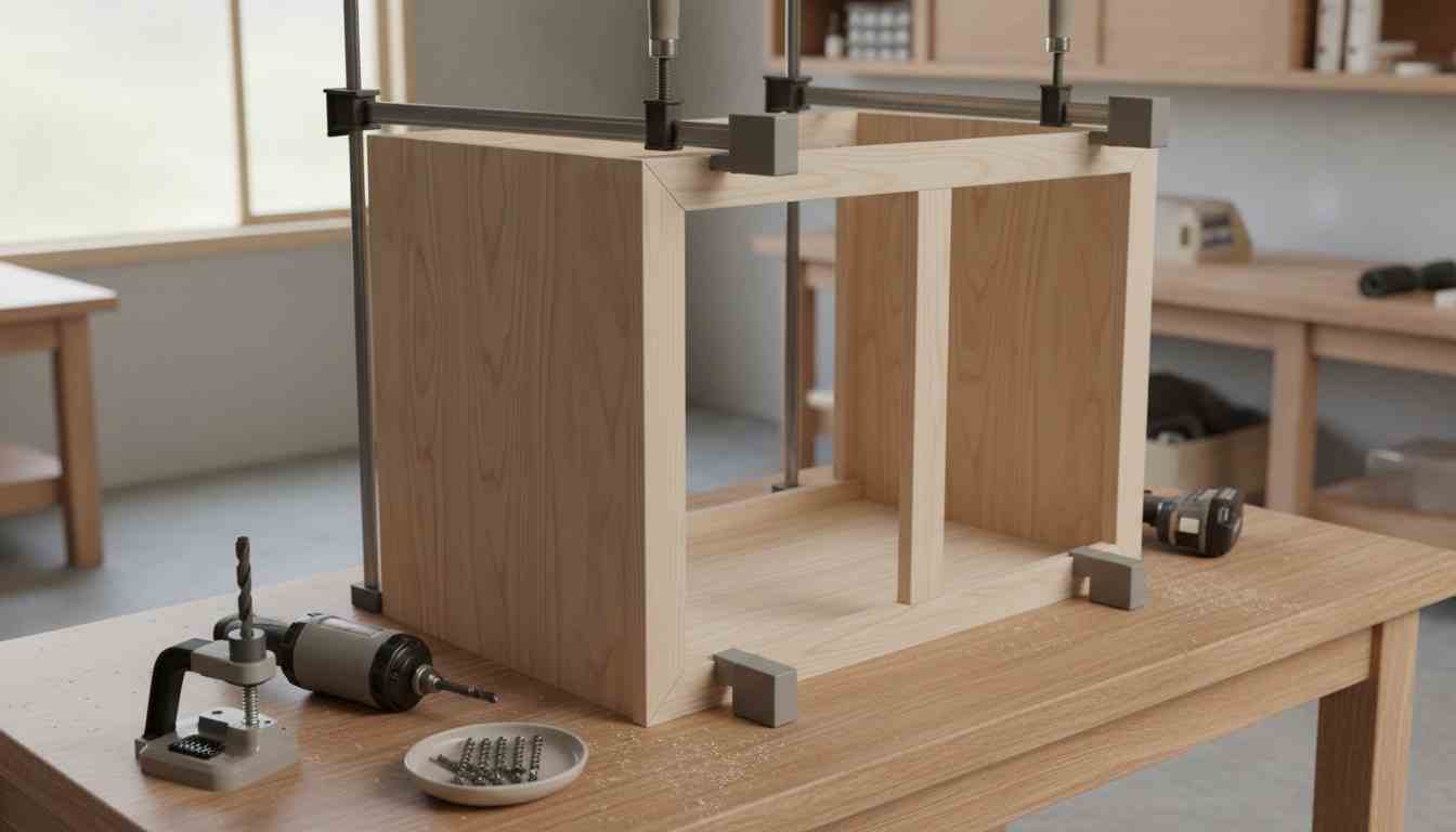 A 3/4 in plywood case on the bench with a 1x2 face frame clamped on, pocket-hole jig, drill, and brad nailer neatly arranged in a bright, organized workshop.