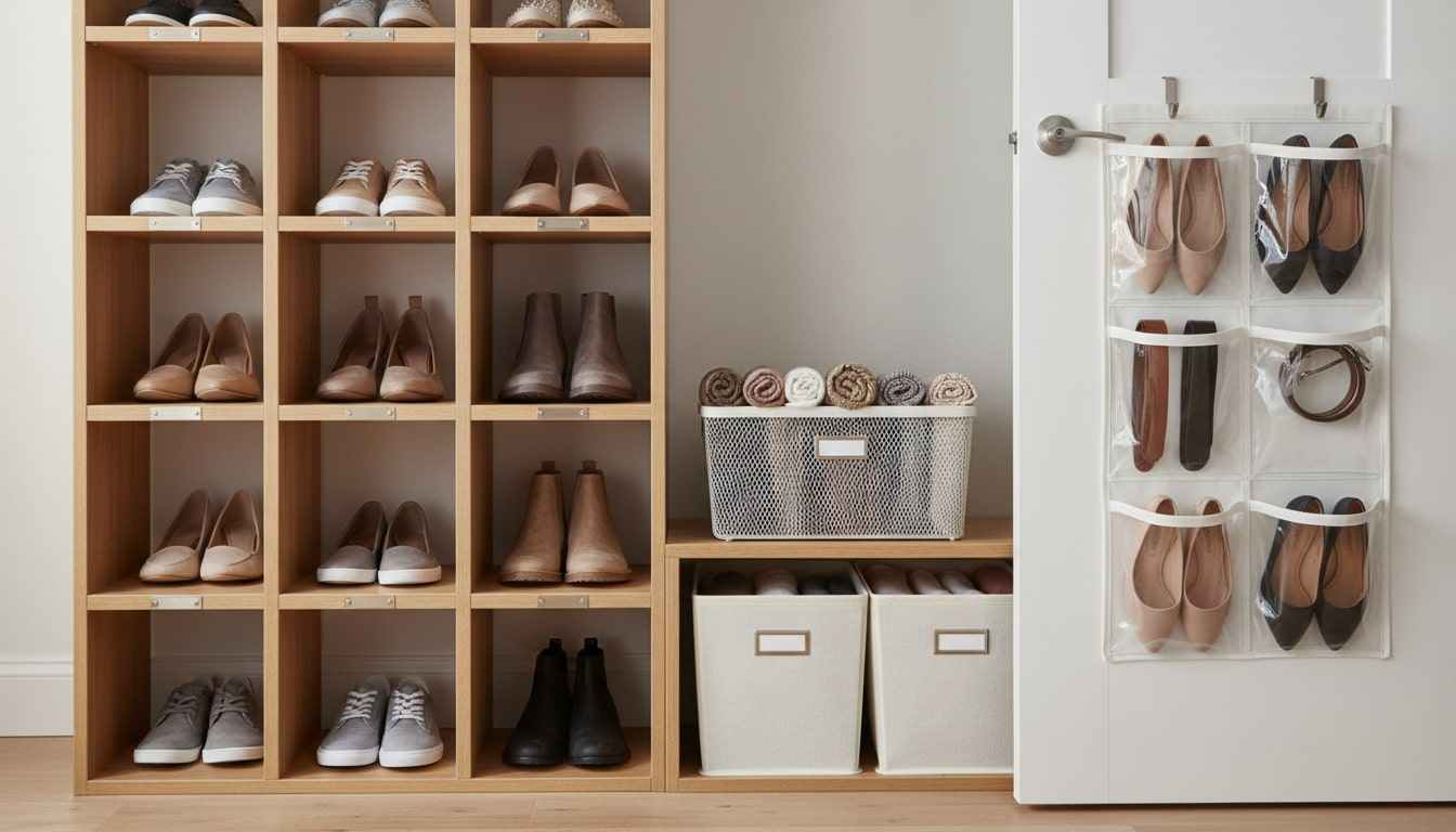 An image of a DIY closet organizer for shoes.