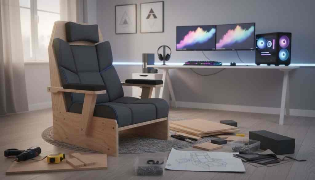 A wide hero shot of a custom DIY gaming chair in front of an RGB-lit dual‑monitor gaming setup, with tools and materials nearby.
