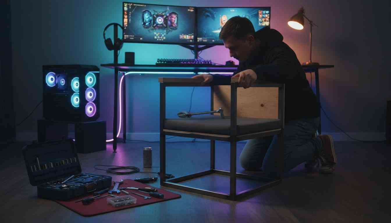 A troubleshooting scene where someone is tightening bolts and checking wobble on a DIY gaming chair, with a glowing RGB gaming setup in the background.