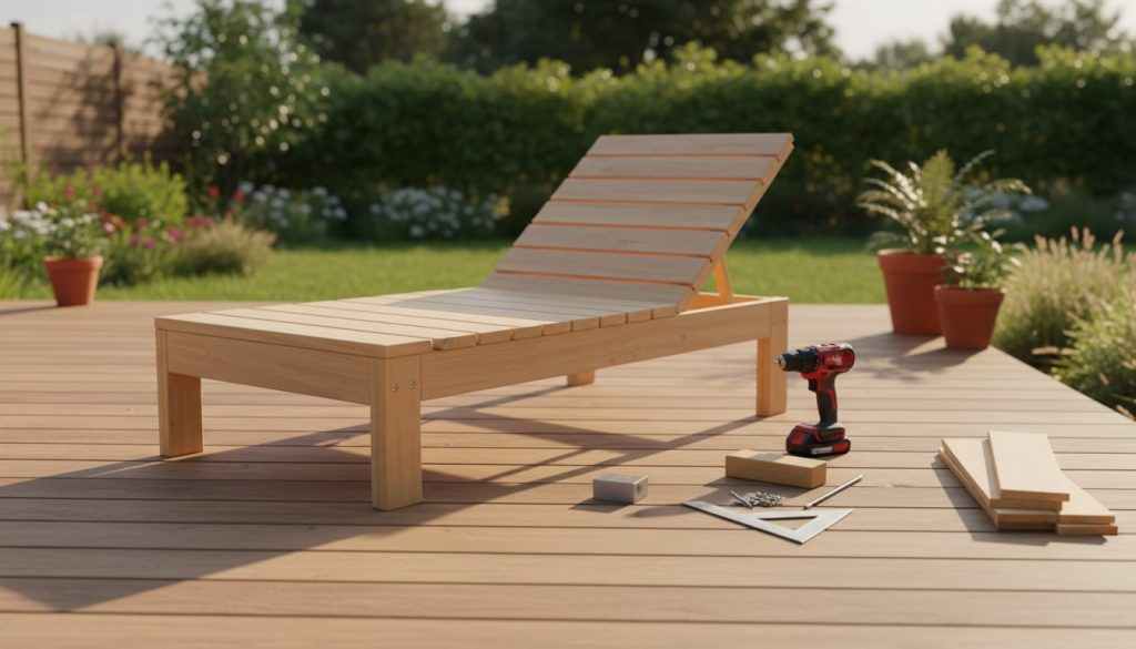 A modern wooden DIY lounge chair on a patio with tools and lumber beside it.