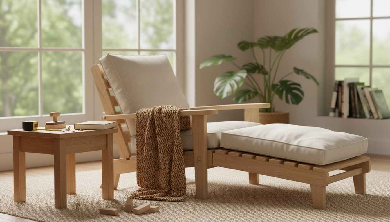 A DIY lounge chair by a large window with cushions, throw, and subtle build hints.