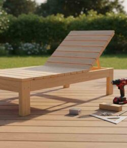 A modern wooden DIY lounge chair on a patio with tools and lumber beside it.
