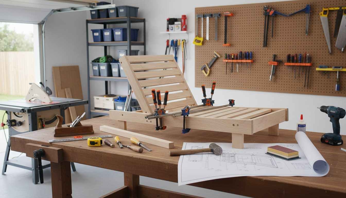 Partially assembled lounge chair on a workbench with clamps, tools, and printed plans.