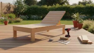 A modern wooden DIY lounge chair on a patio with tools and lumber beside it.