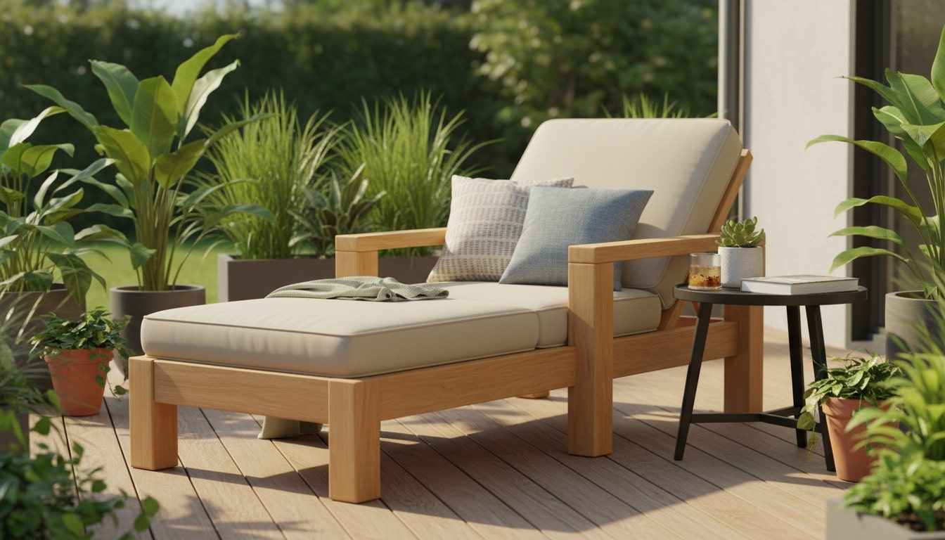 Completed DIY lounge chair on a deck with cushions, side table, and lush plants.