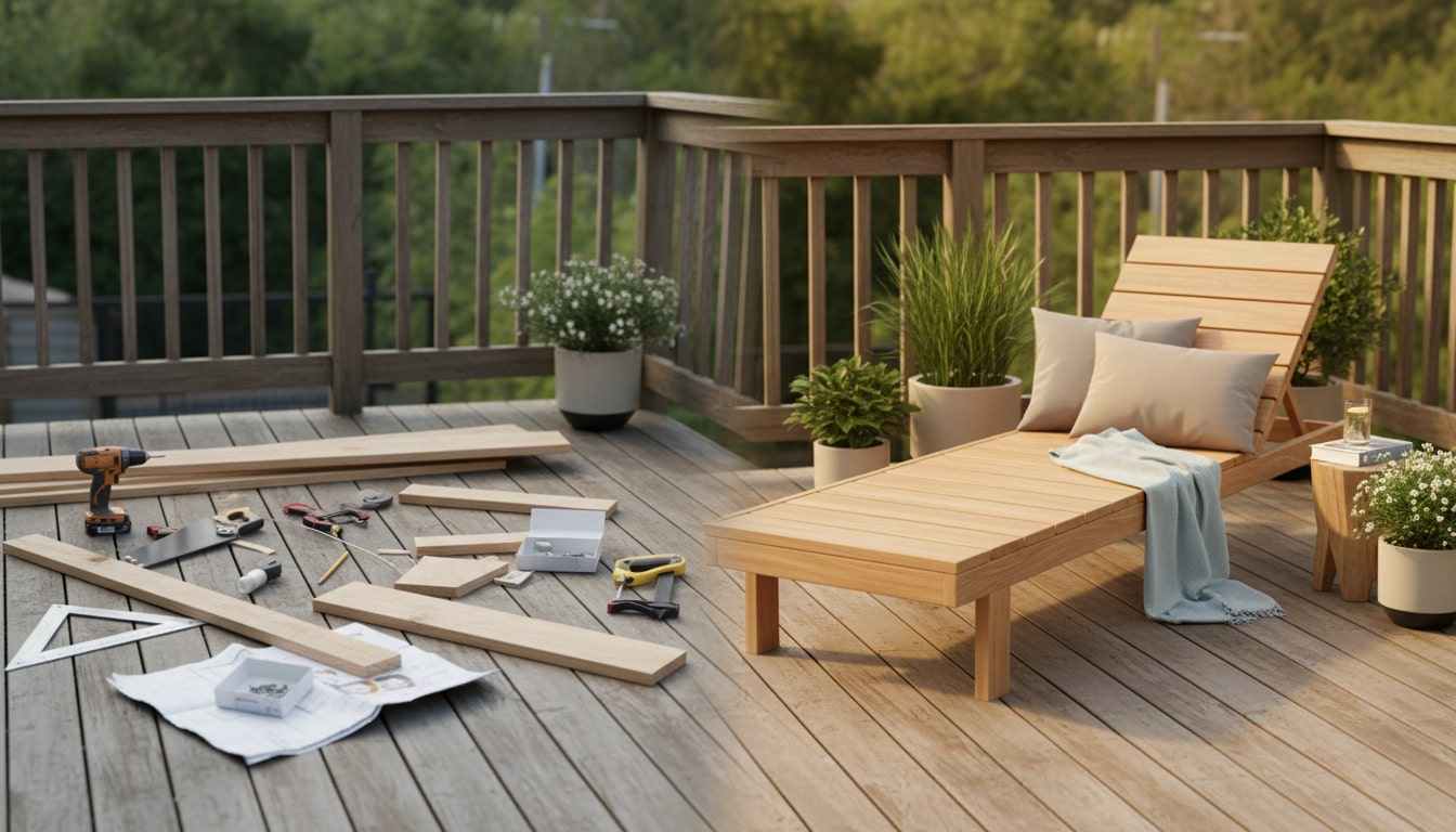 One scene showing raw lumber and tools on one side and the finished lounge chair on the other.