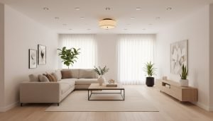 New-build living room with recessed ceiling lights and a central semi-flush fixture