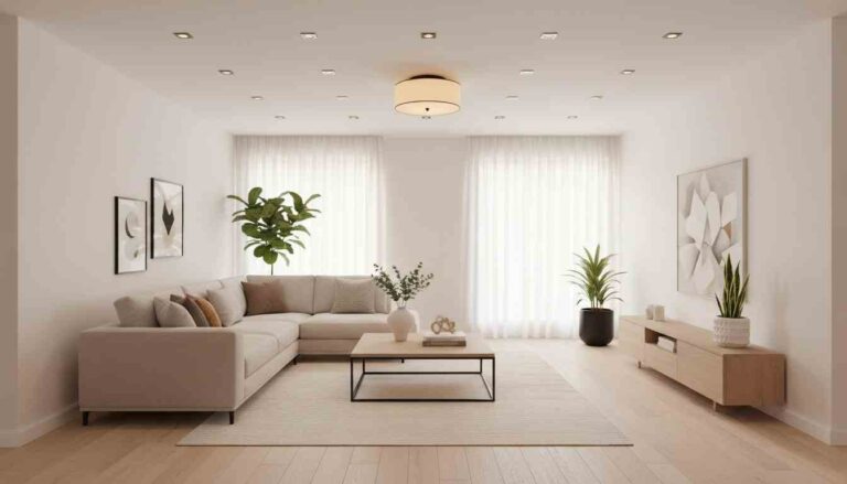 New-build living room with recessed ceiling lights and a central semi-flush fixture