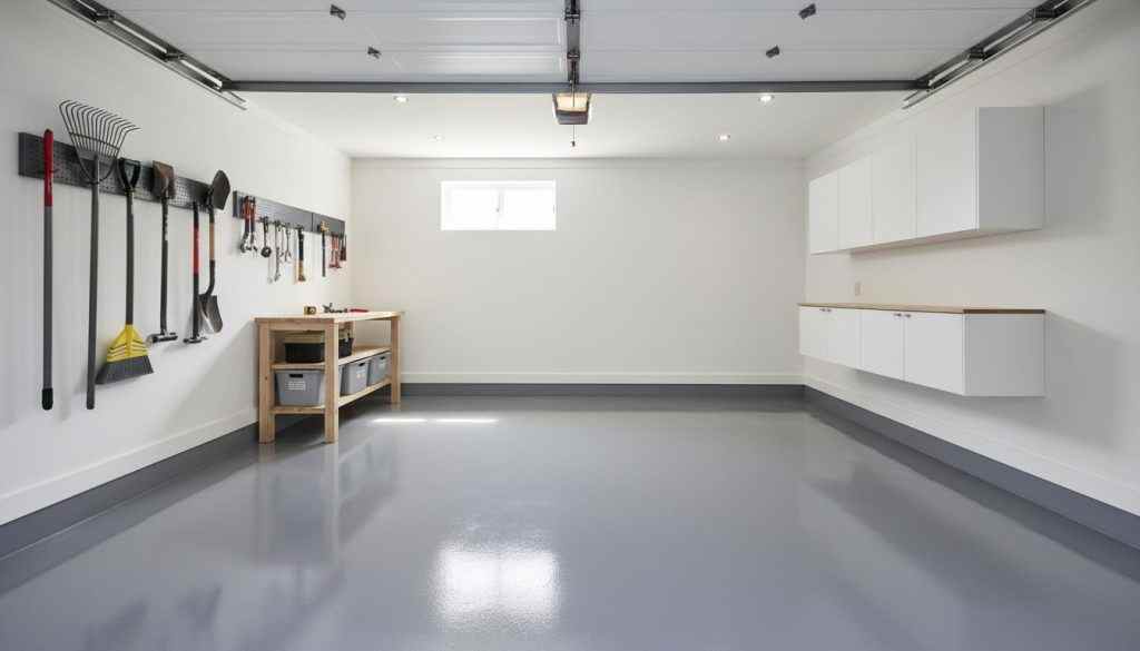 Hero image: finished glossy epoxy garage floor in a clean modern garage