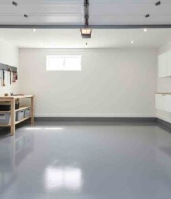 Hero image: finished glossy epoxy garage floor in a clean modern garage