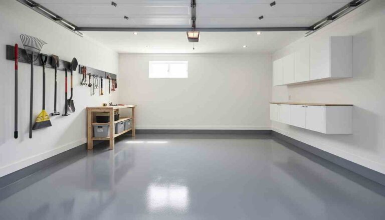 Hero image: finished glossy epoxy garage floor in a clean modern garage