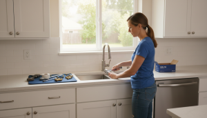A bright, modern kitchen with a woman in her 40s actively replacing a kitchen faucet at the sink, tools neatly laid out.