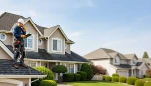 A clean, modern shot of a roofer in safety gear inspecting a suburban roof for an article about finding roof repairs near me.