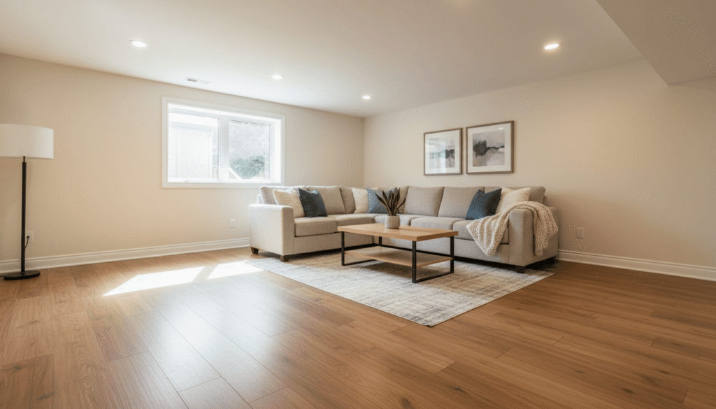 Finished basement living room with luxury vinyl plank flooring