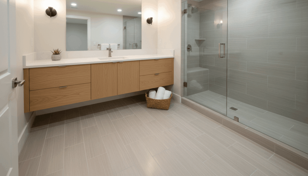 Basement bathroom with large-format porcelain tile flooring