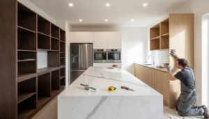 A professional shot showing a technician applying new veneer to existing cabinet frames, highlighting the "work-in-progress" aspect.